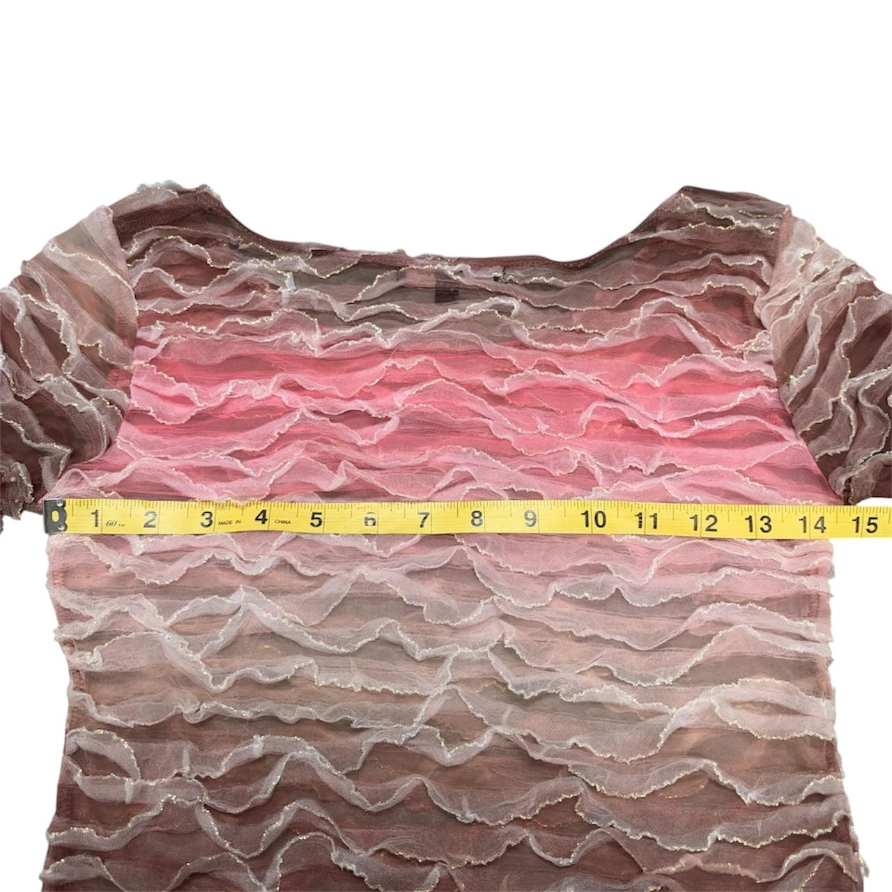 Y2K vintage Karen Kane Top Size S Pink Brown Sheer Ruffle Long Sleeve 4