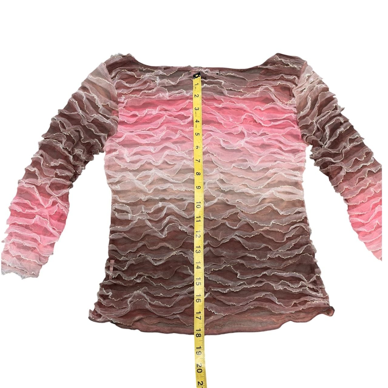 Y2K vintage Karen Kane Top Size S Pink Brown Sheer Ruffle Long Sleeve 5
