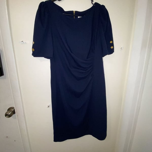DKNY Sheath Dress Size 12 Blue Ruched Puff Sleeve
