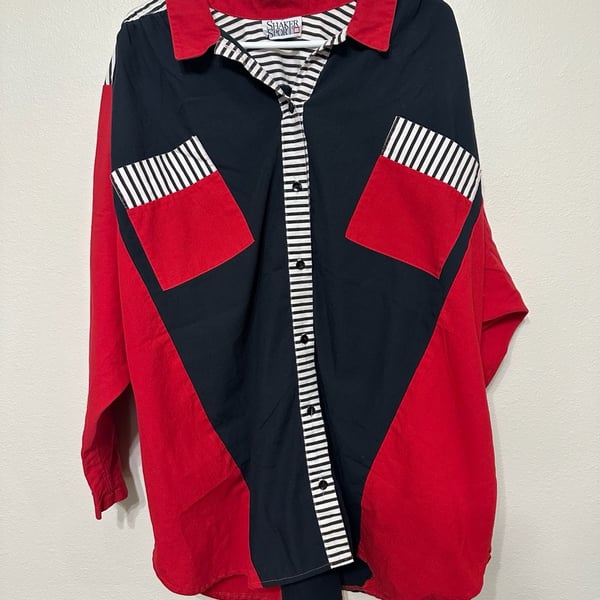 Vintage Shaker Sport Oversized Colorblock Shirt Red Black Striped Button Up