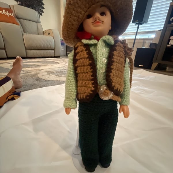 Handmade Crocheted Cowboy Doll with Hat Vest and Pants