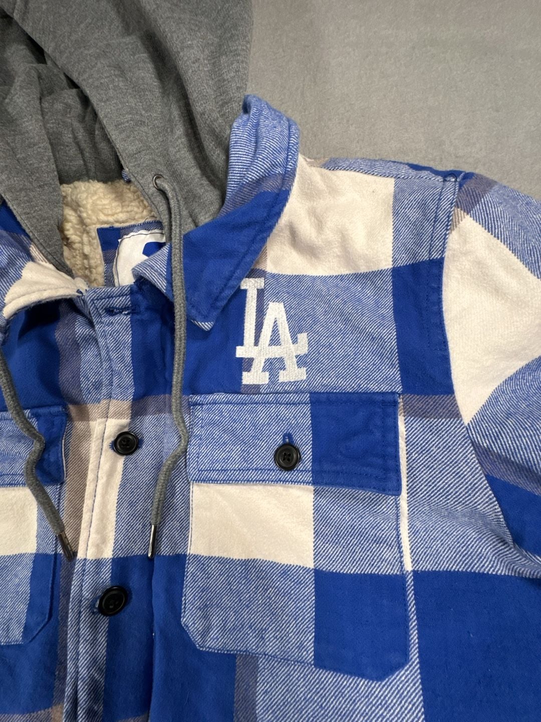 Starter Los Angeles Dodgers Plaid Hoodie Jacket Size S Blue Sherpa Lined 5