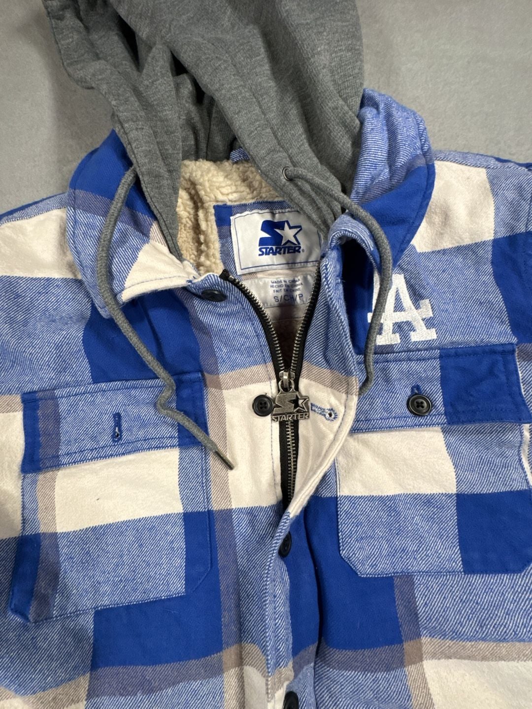 Starter Los Angeles Dodgers Plaid Hoodie Jacket Size S Blue Sherpa Lined 9