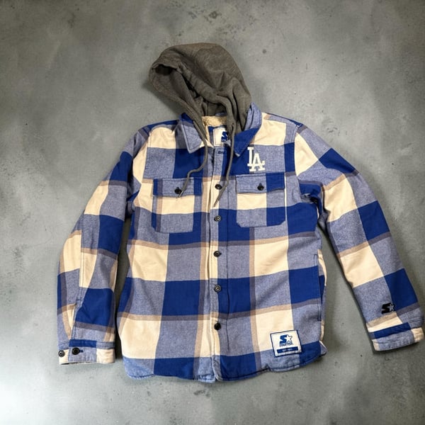 Starter Los Angeles Dodgers Plaid Hoodie Jacket Size S Blue Sherpa Lined