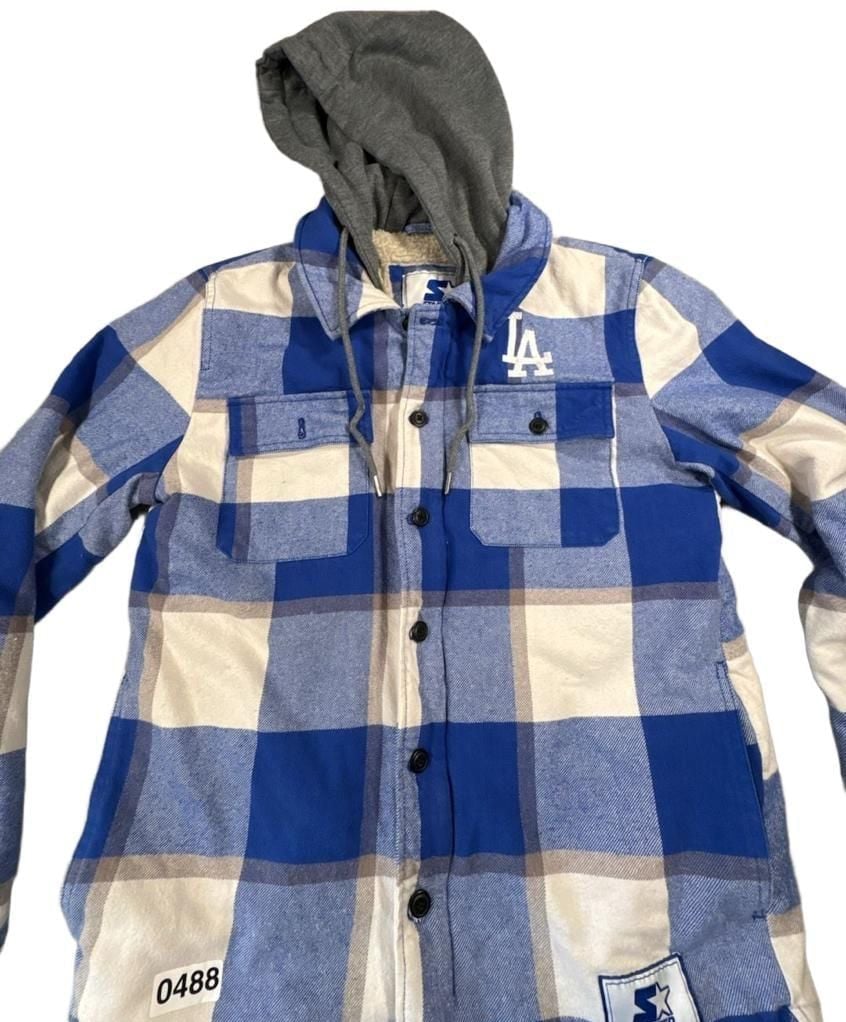 Starter Los Angeles Dodgers Plaid Hoodie Jacket Size S Blue Sherpa Lined 8