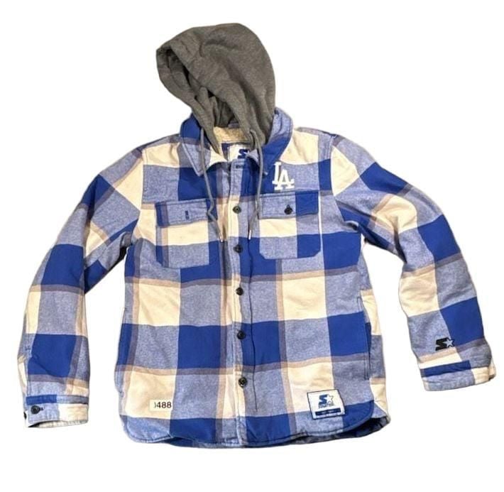 Starter Los Angeles Dodgers Plaid Hoodie Jacket Size S Blue Sherpa Lined 6
