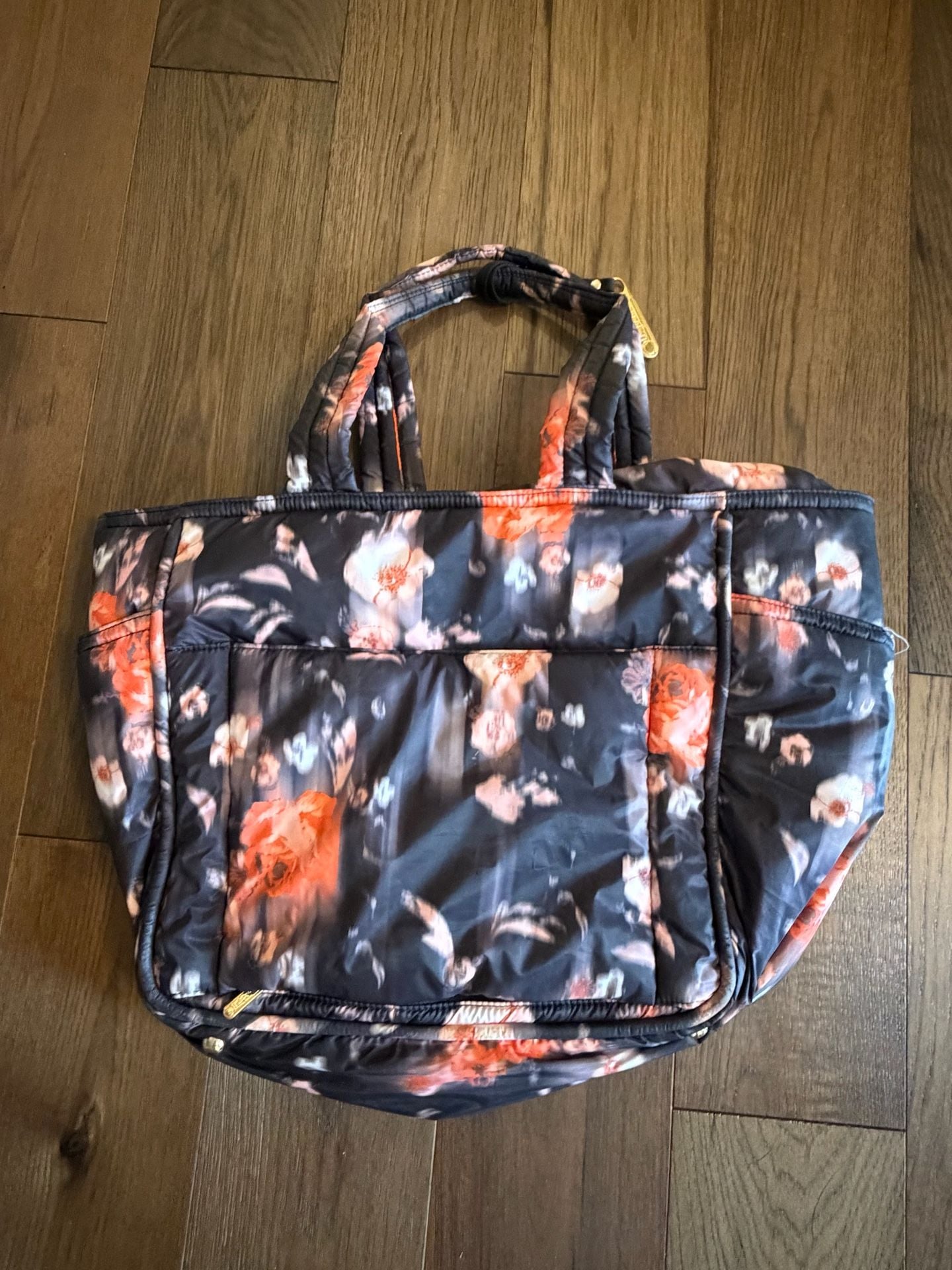 LeSportsac Quilted Floral Puffer Tote Bag Black Orange 2