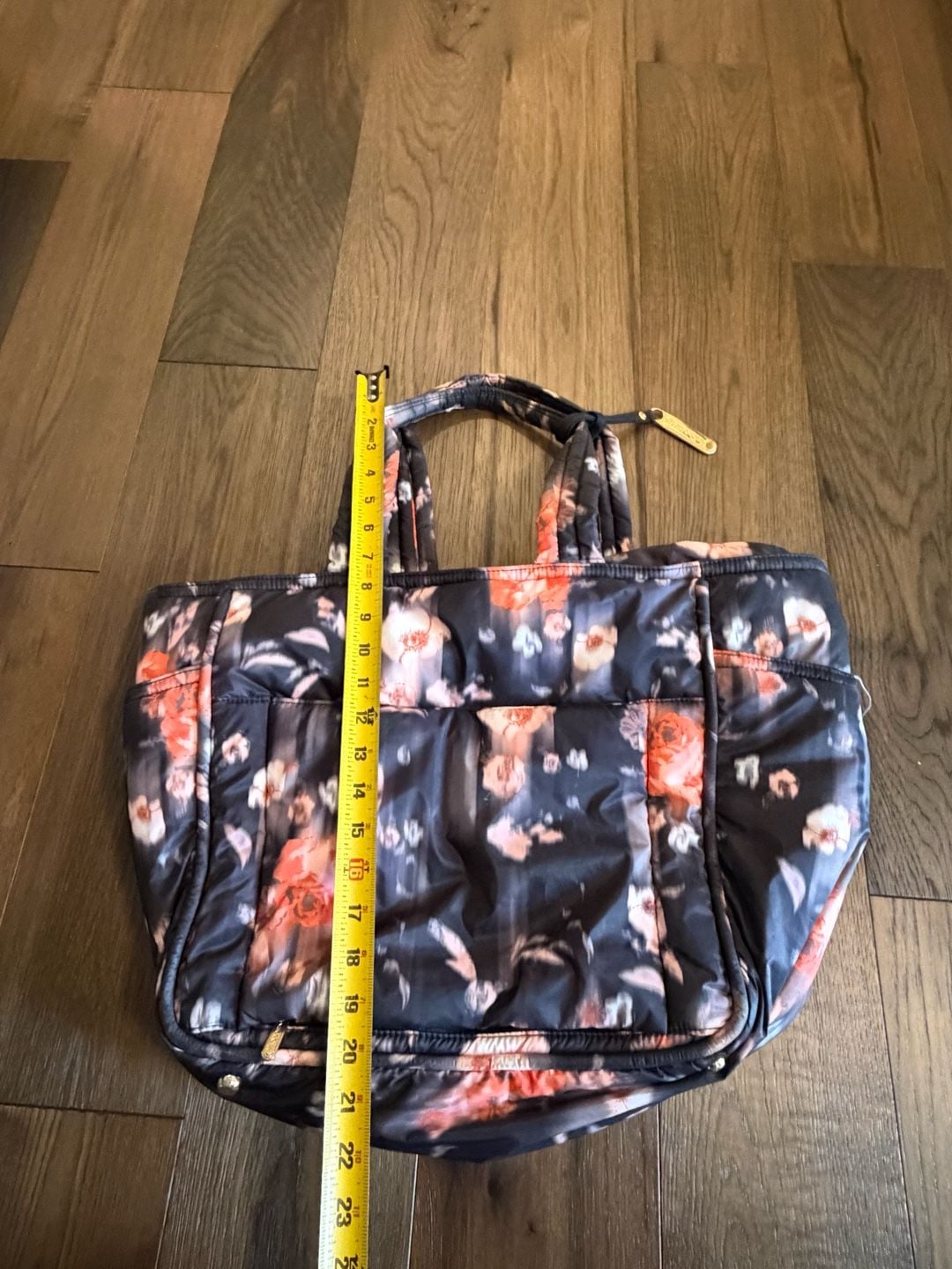 LeSportsac Quilted Floral Puffer Tote Bag Black Orange 5