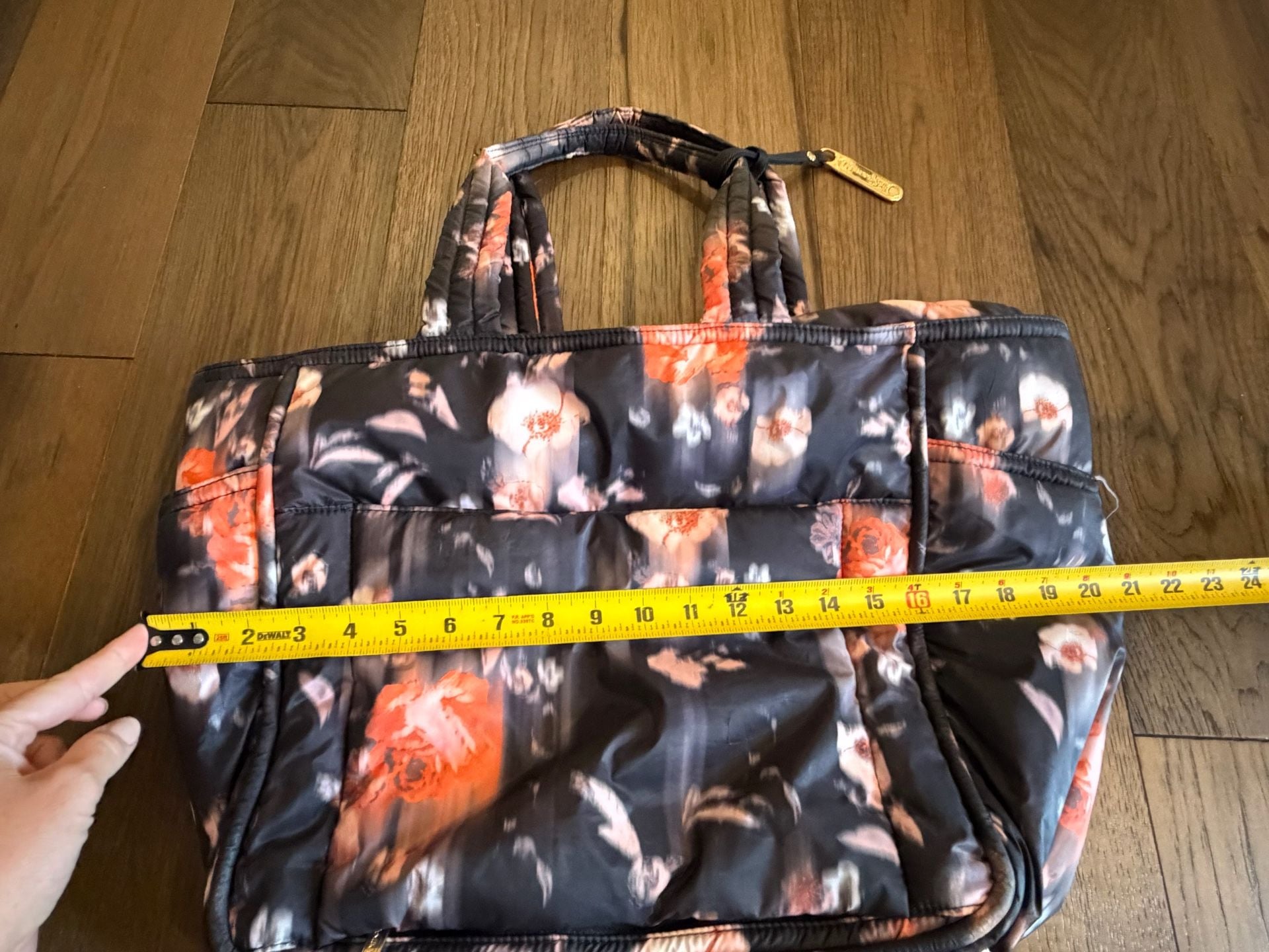 LeSportsac Quilted Floral Puffer Tote Bag Black Orange 6