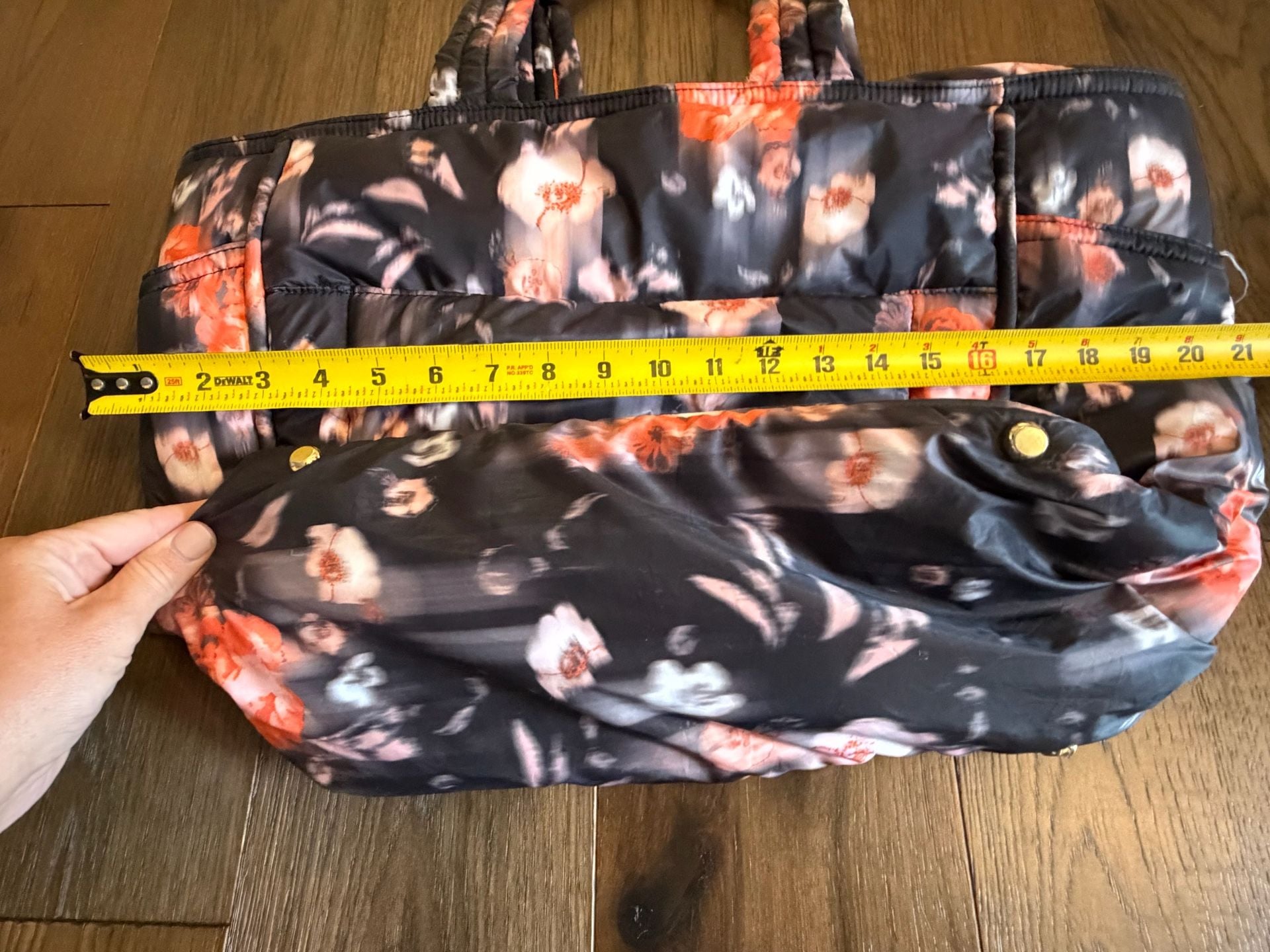 LeSportsac Quilted Floral Puffer Tote Bag Black Orange 7
