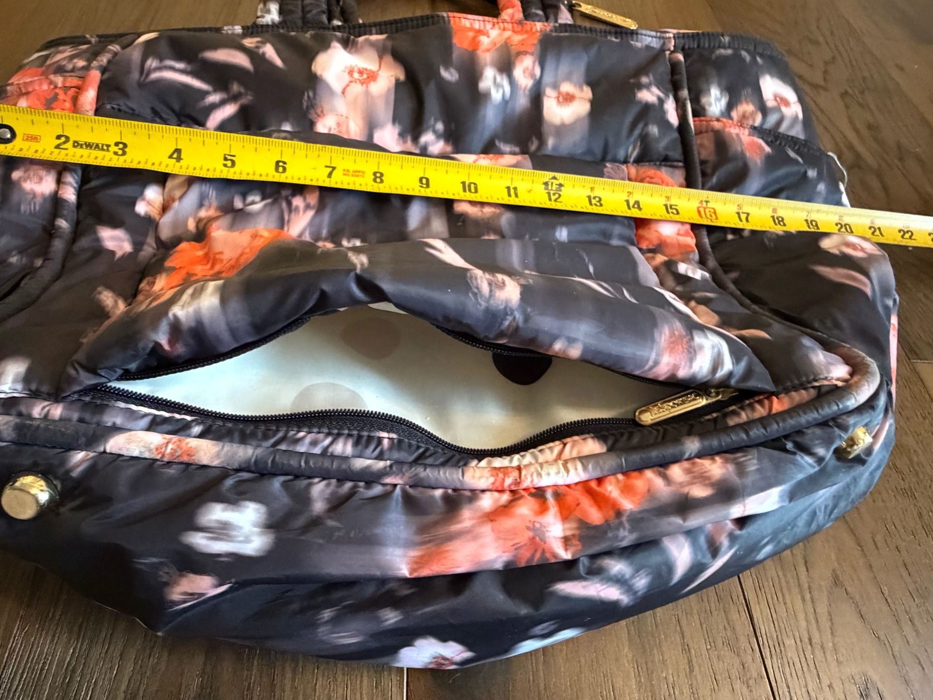 LeSportsac Quilted Floral Puffer Tote Bag Black Orange 8