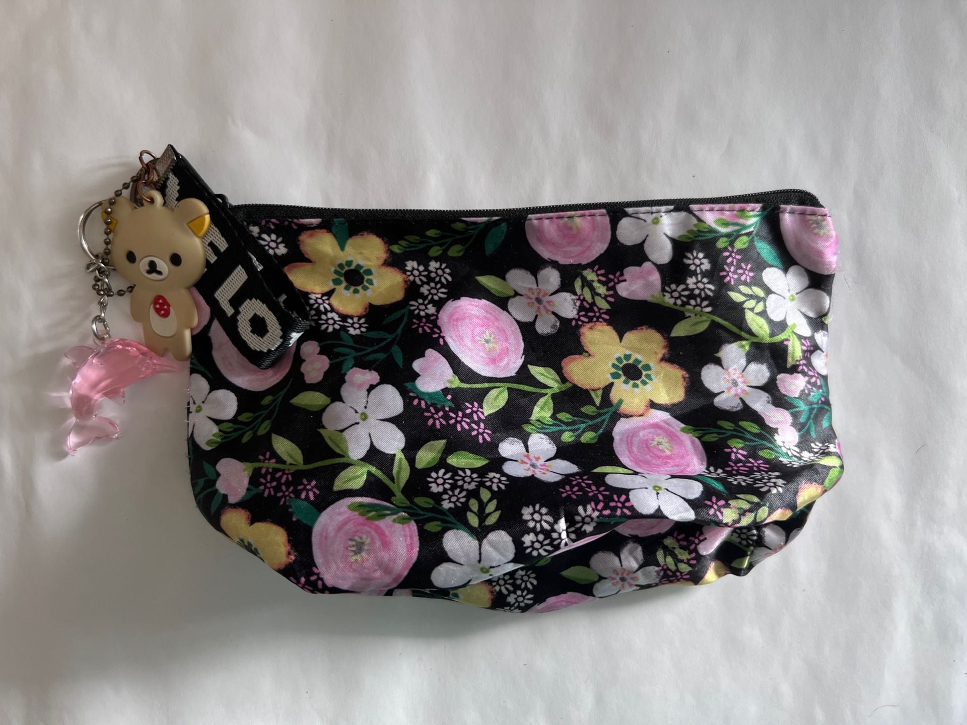 Unbranded Black Floral Cosmetic Pouch With Rilakkuma And Dolphin Keychains 2