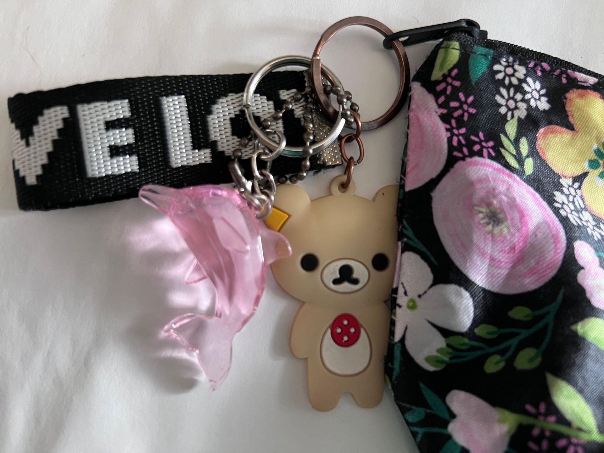 Unbranded Black Floral Cosmetic Pouch With Rilakkuma And Dolphin Keychains 3