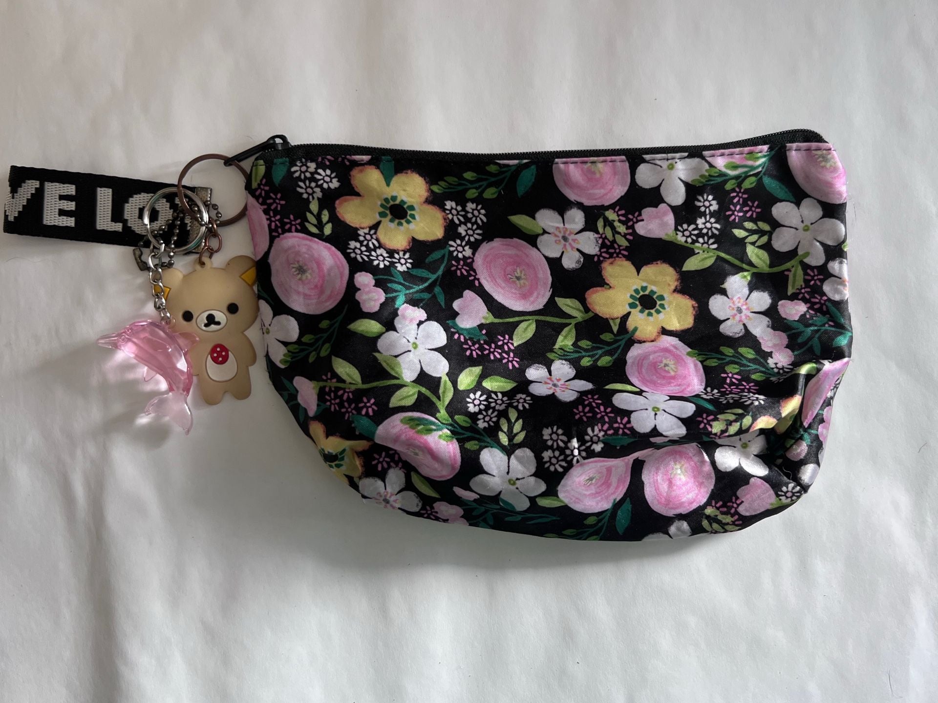 Unbranded Black Floral Cosmetic Pouch With Rilakkuma And Dolphin Keychains 4