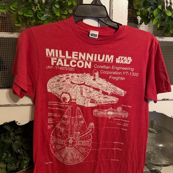 Star Wars Millennium Falcon Blueprint T-Shirt Size M Red Graphic Tee
