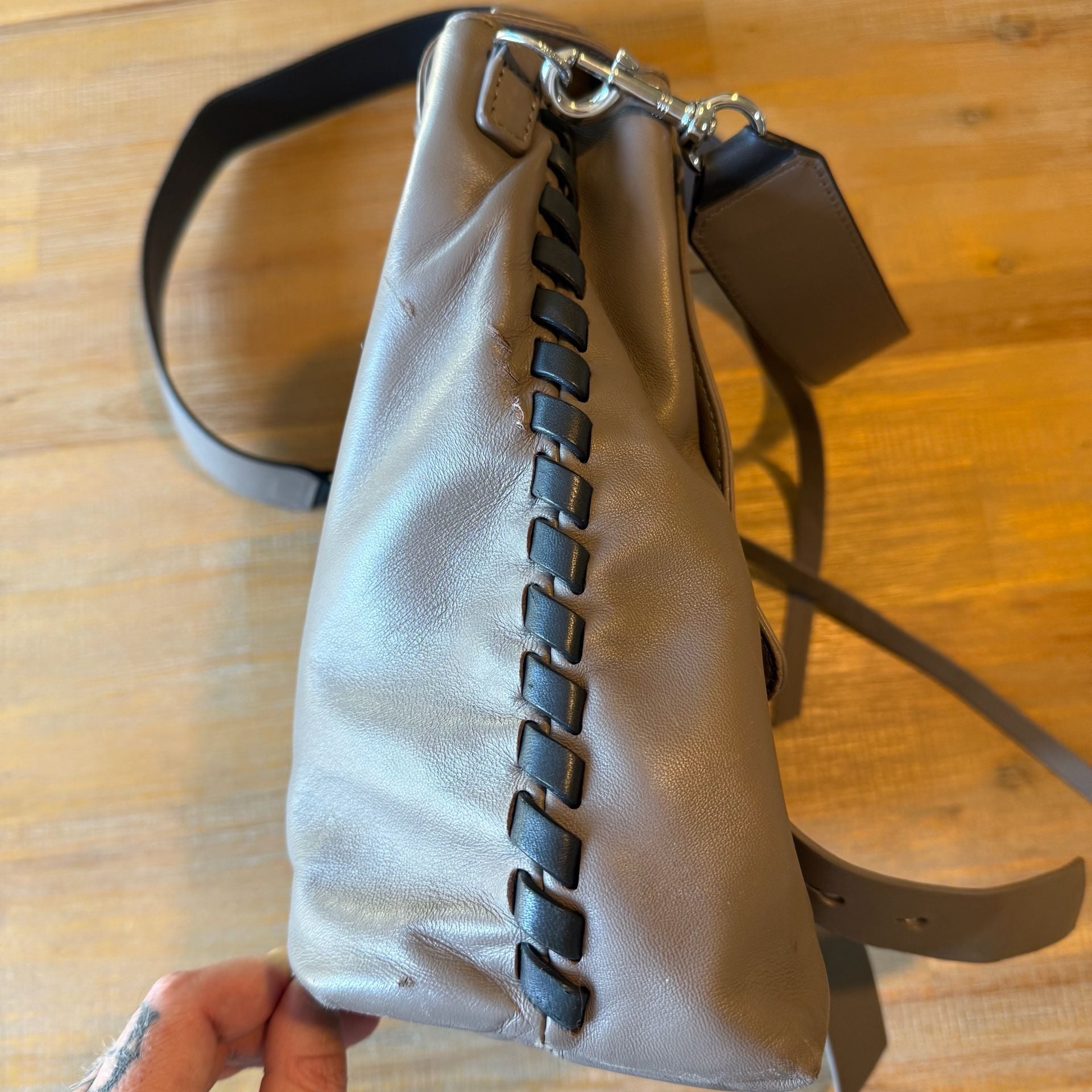 AllSaints Fin Convertible Leather Backpack Grey w/o straps 9