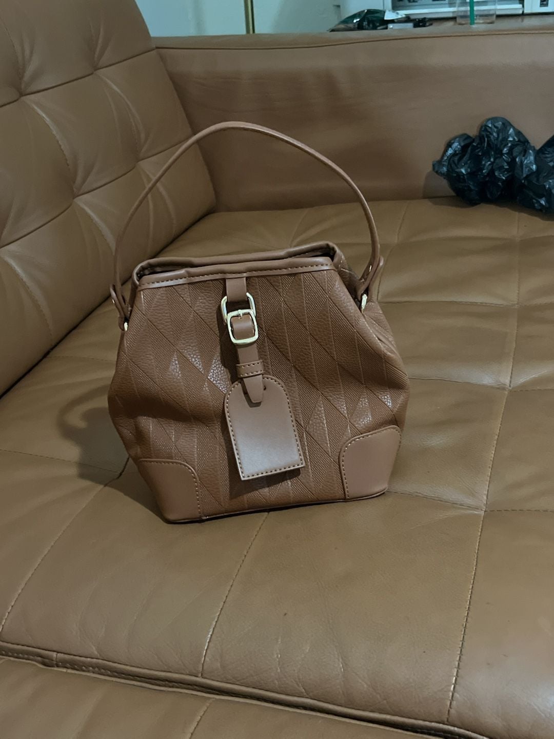 Unbranded Rhombus Bucket Handbag Brown PU Leather Shoulder Bag 2
