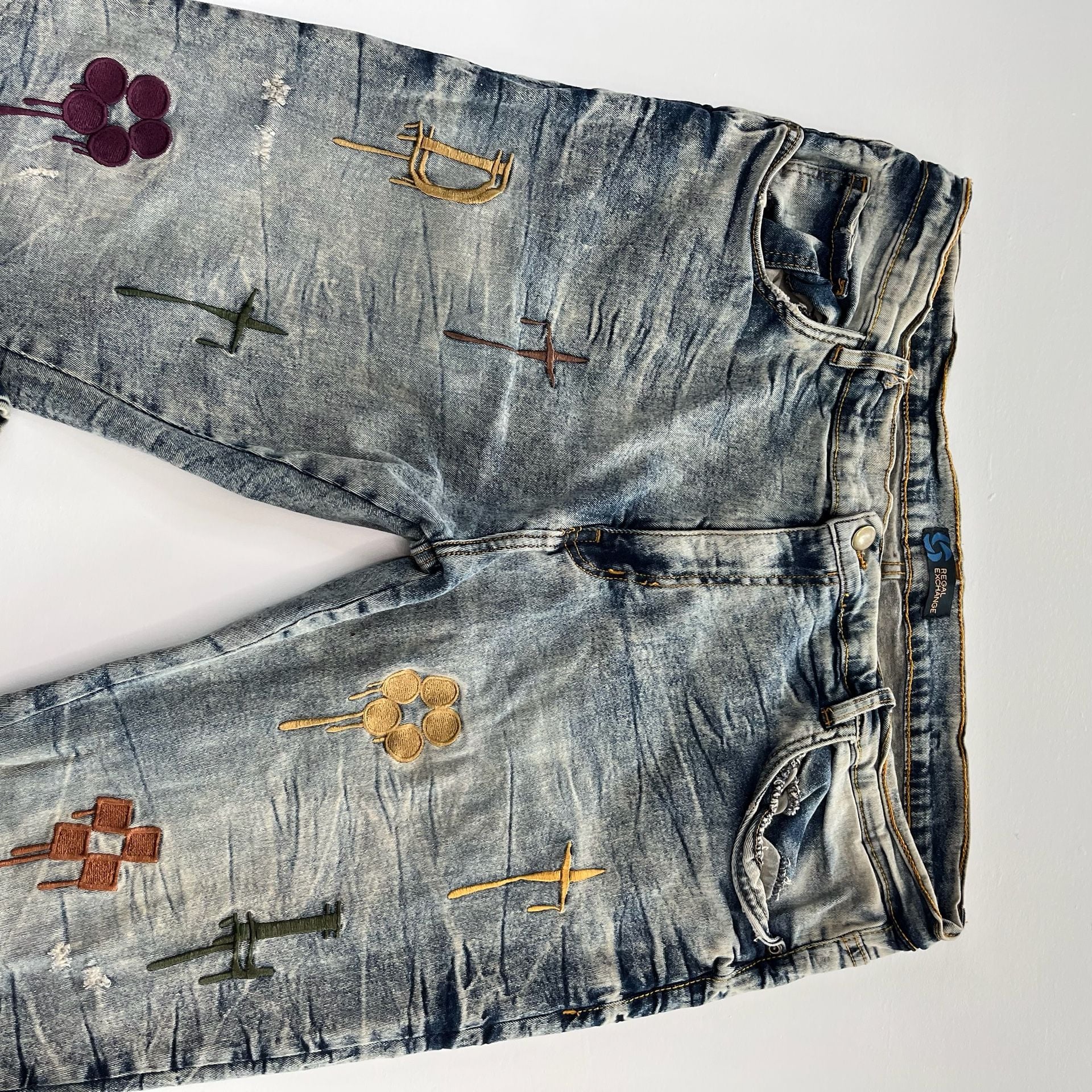 Regal Exchange Embroidered Jeans Size 40 Blue Acid Wash Denim 7
