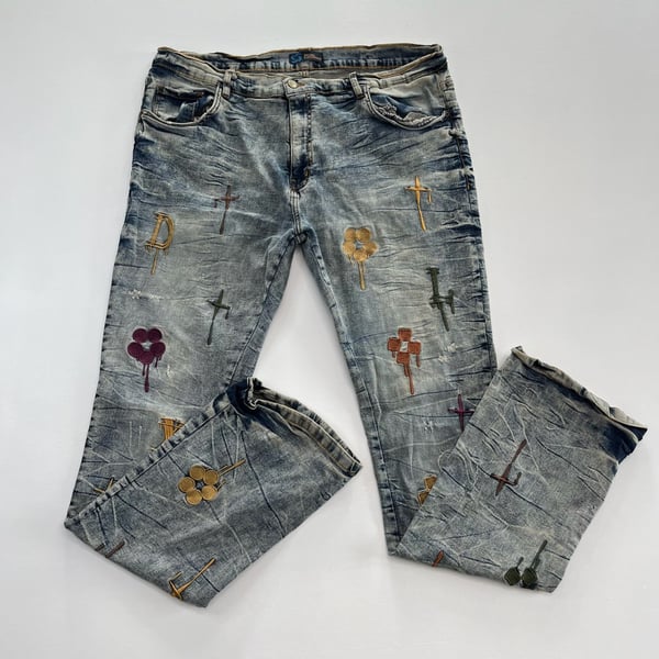 Regal Exchange Embroidered Jeans Size 40 Blue Acid Wash Denim