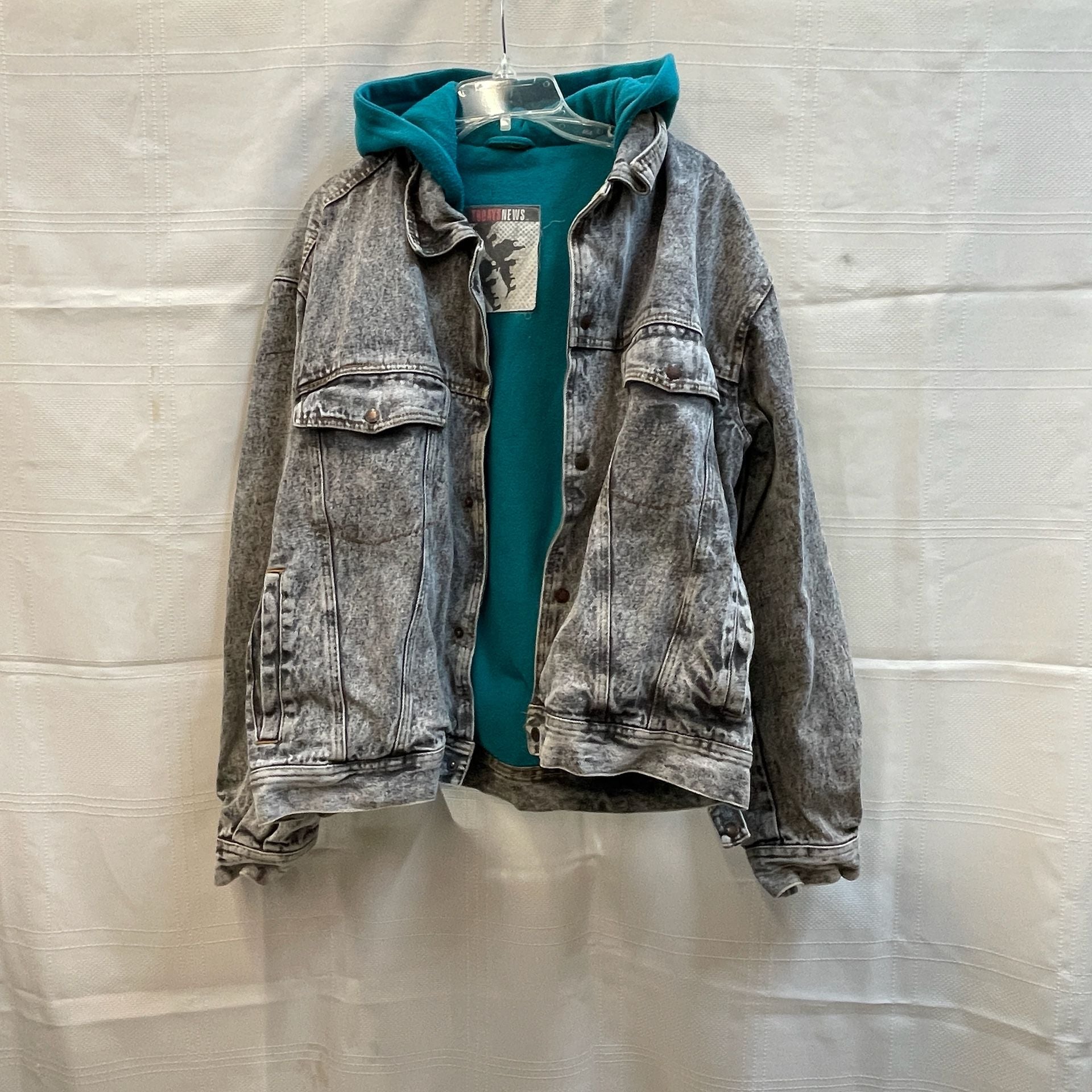 Vintage Acid Wash Denim Jacket Teal Hooded Lining 80s 90s Rare Layered Slouchy 2