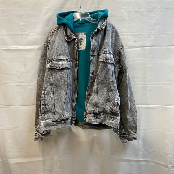 Vintage Acid Wash Denim Jacket Teal Hooded Lining 80s 90s Rare Layered Slouchy 