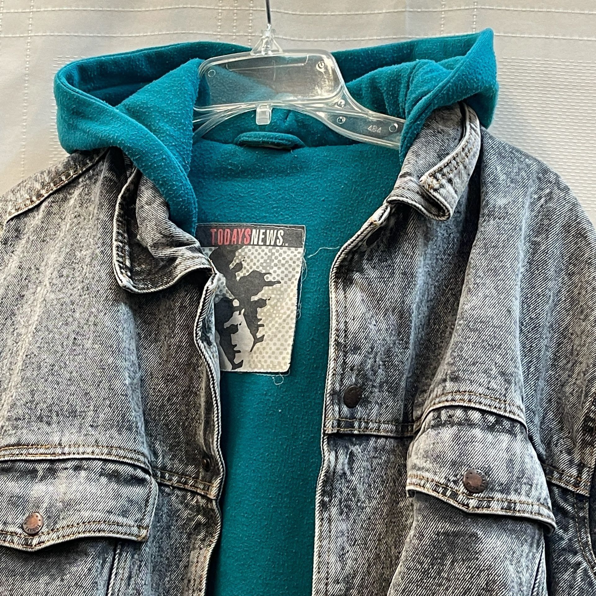Vintage Acid Wash Denim Jacket Teal Hooded Lining 80s 90s Rare Layered Slouchy 7