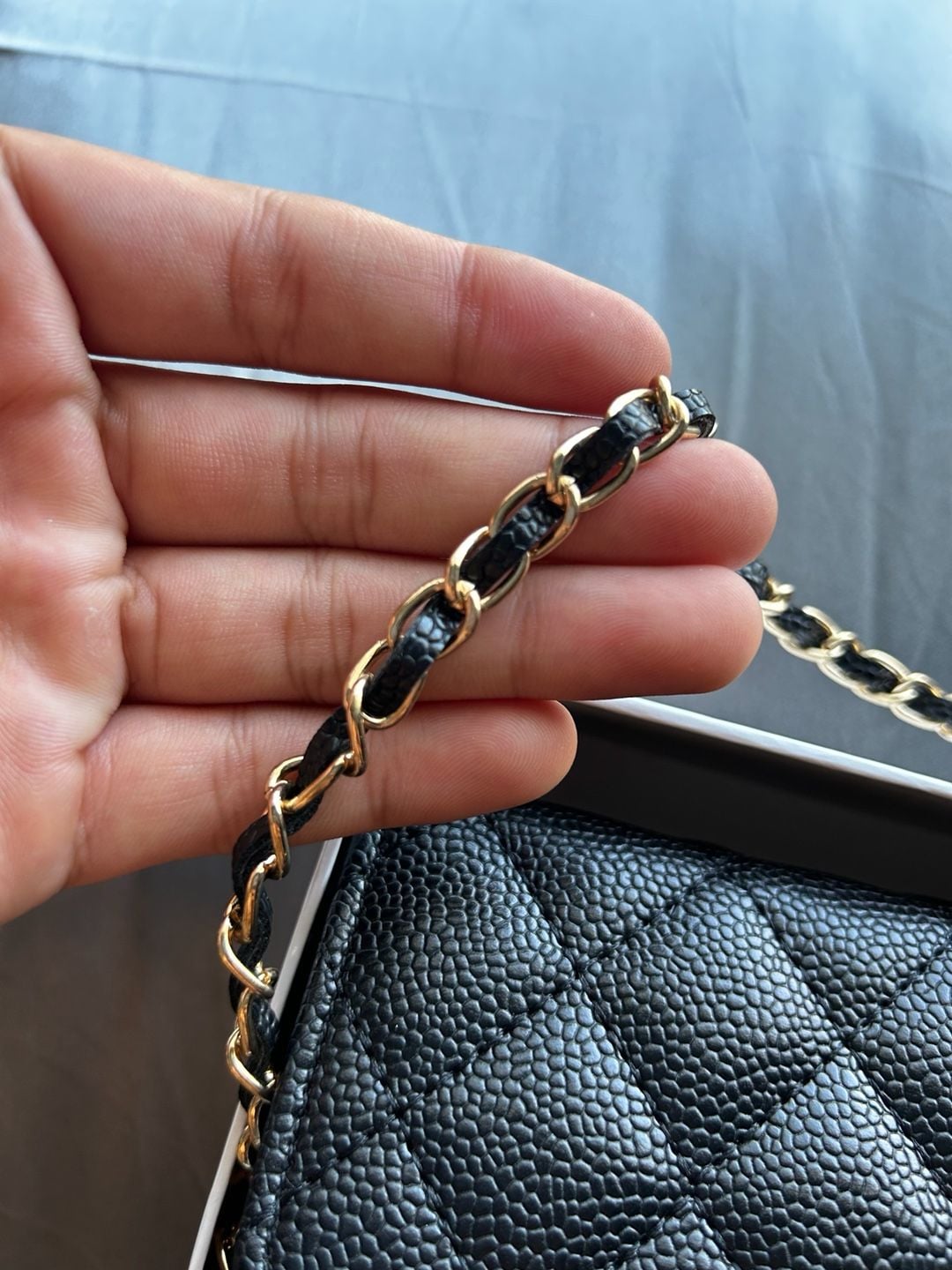 Chanel Classic Quilted Caviar Leather Wallet On Chain WOC Black Gold 5
