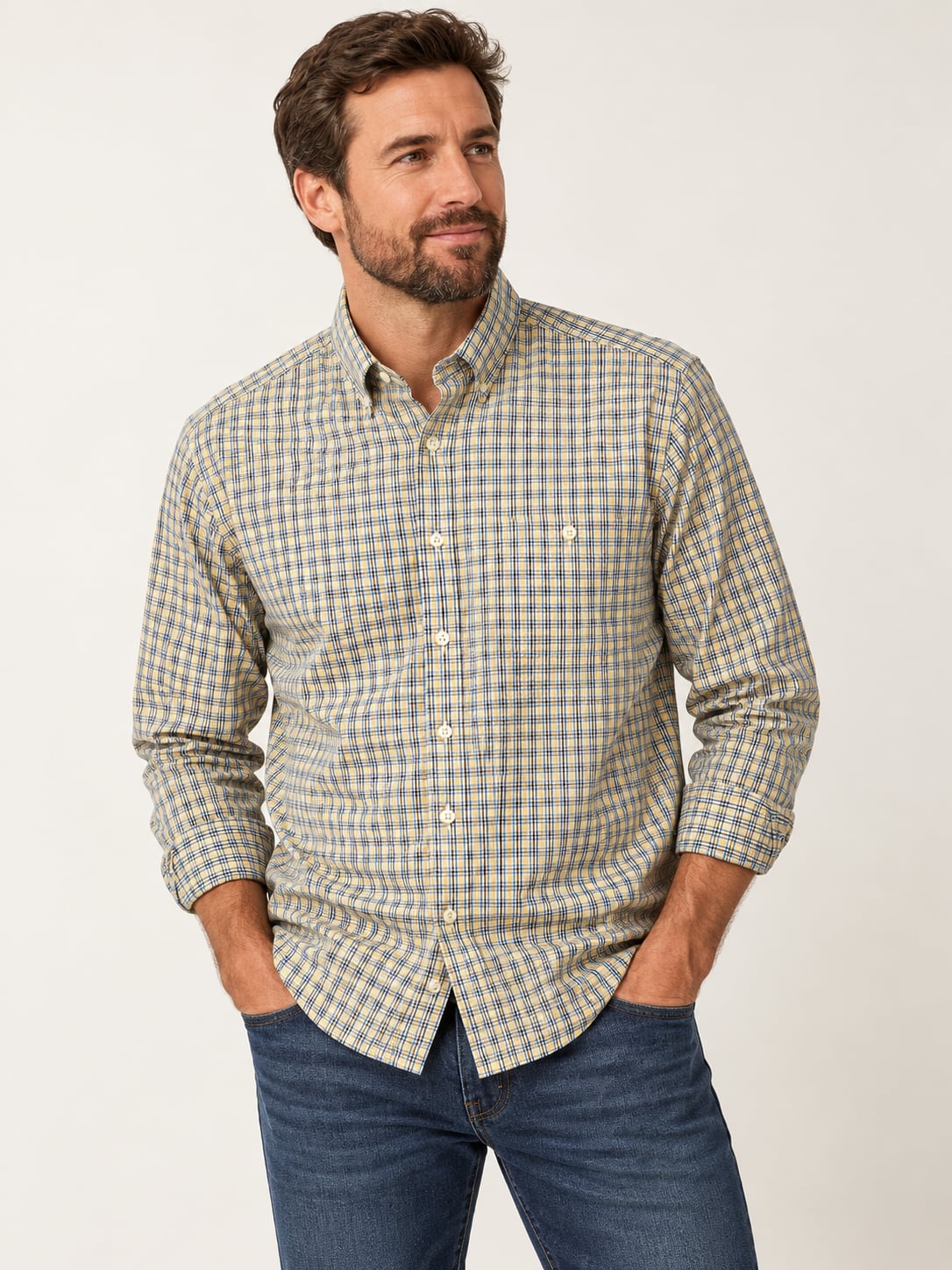 Orvis Country Twill Plaid Button Down Shirt Size M Blue Yellow Green 2