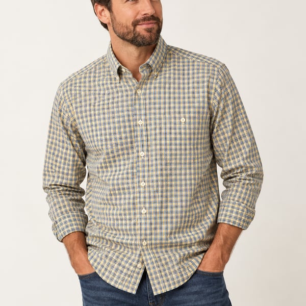 Orvis Country Twill Plaid Button Down Shirt Size M Blue Yellow Green