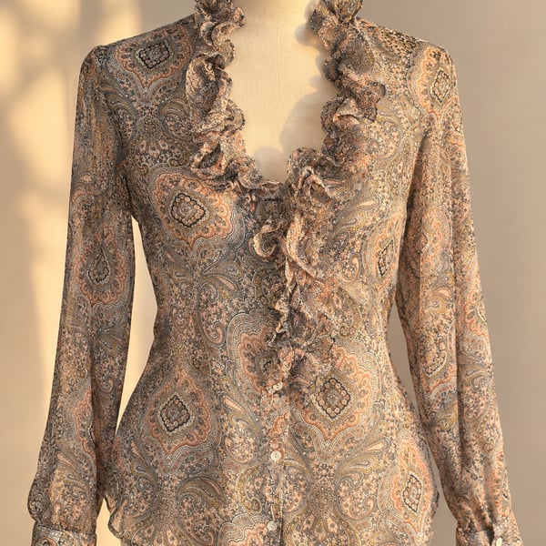 Zara Woman XL Sheer Paisley Ruffle Blouse 70s Boho Romantic Fall Top