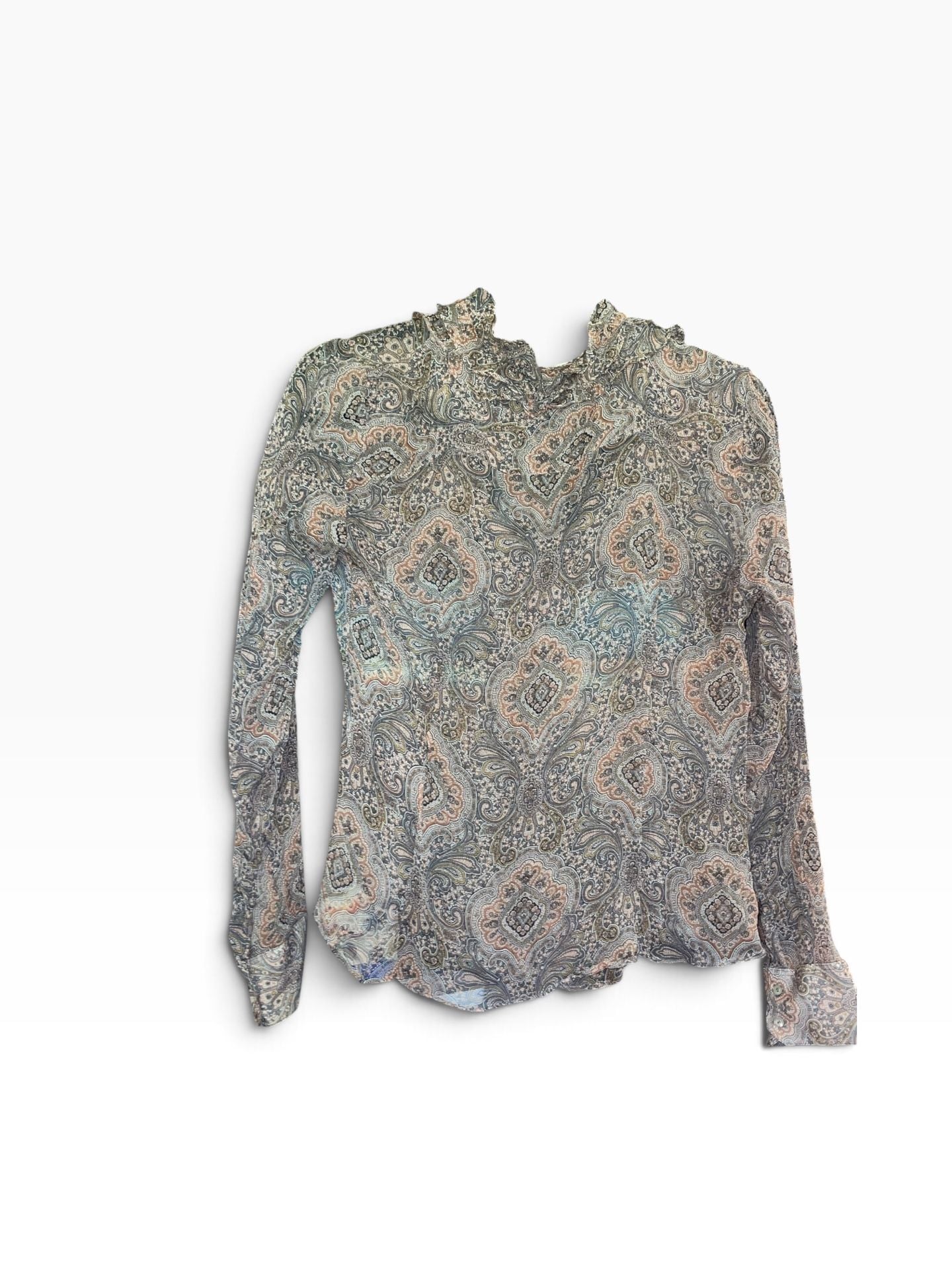 Zara Woman XL Sheer Paisley Ruffle Blouse 70s Boho Romantic Fall Top 9