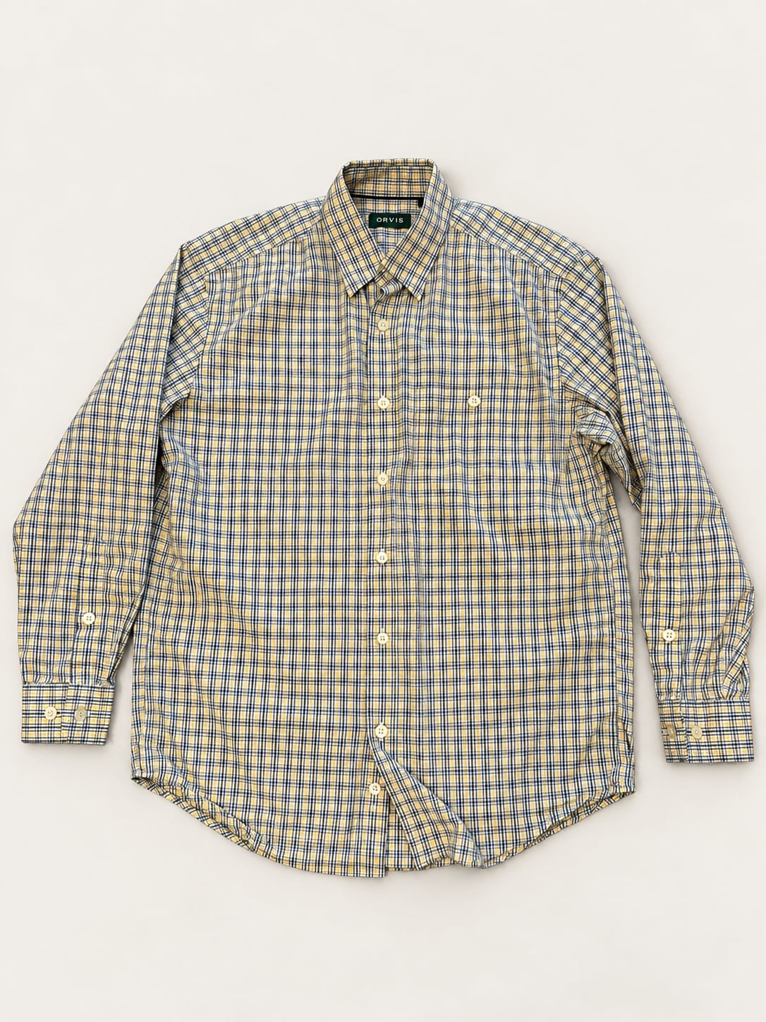 Orvis Country Twill Plaid Button Down Shirt Size M Blue Yellow Green 3
