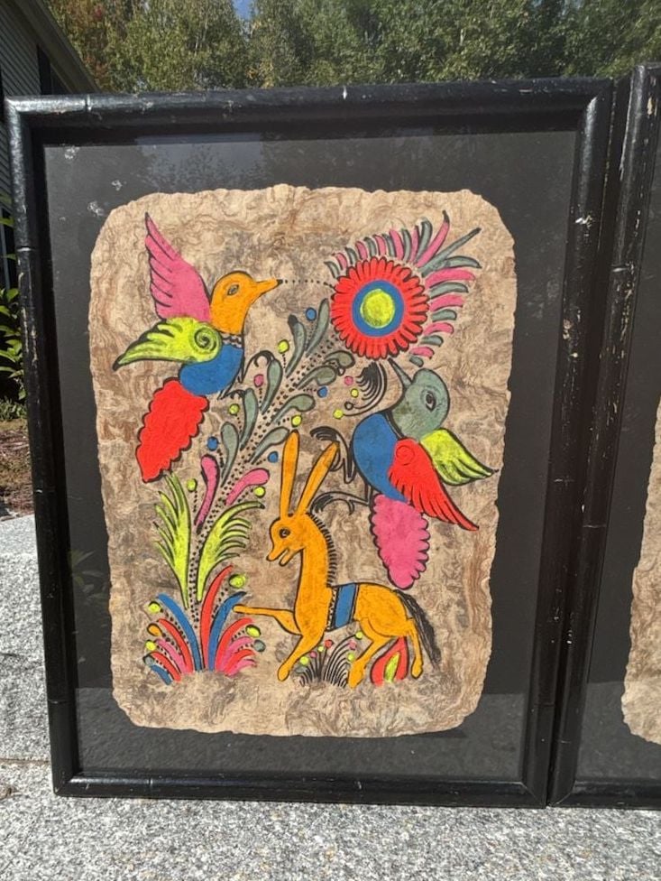 Vintage Mexican Folk Art Amate Bark Painting Framed Set 3