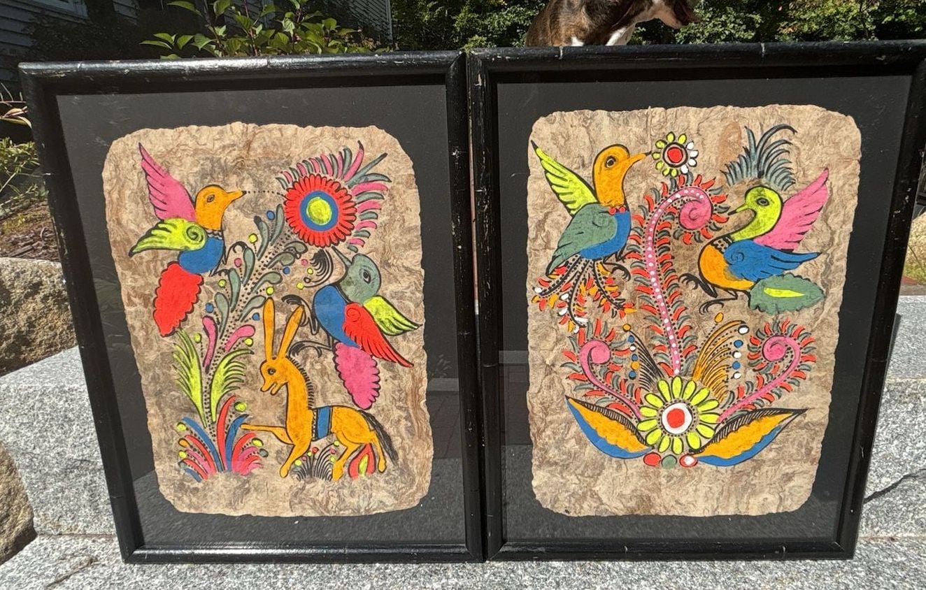 Vintage Mexican Folk Art Amate Bark Painting Framed Set 1