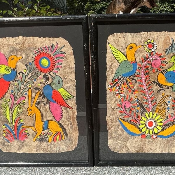 Vintage Mexican Folk Art Amate Bark Painting Framed Set