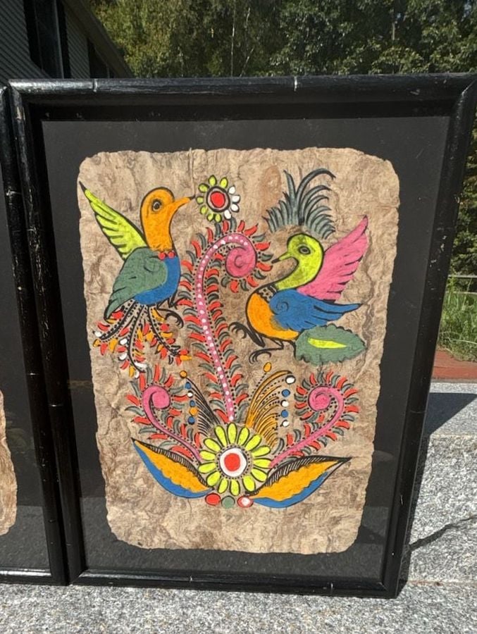 Vintage Mexican Folk Art Amate Bark Painting Framed Set 2