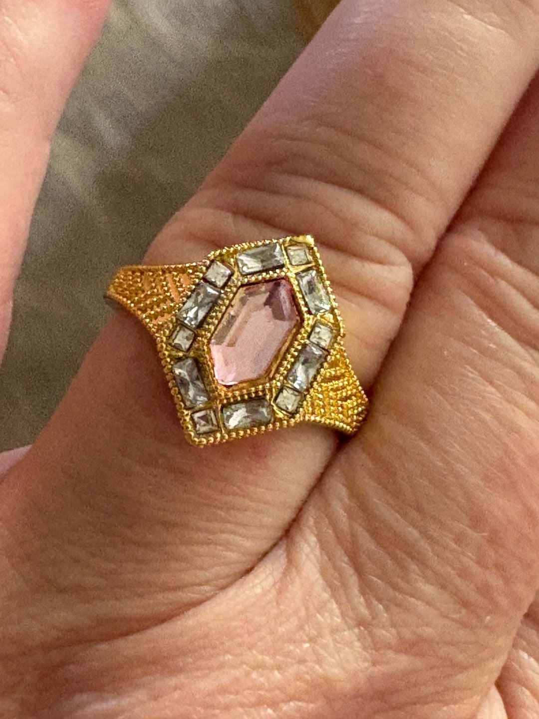Shimmer By Cindy Art Deco Ring Pink Stone Gold Size 9 2