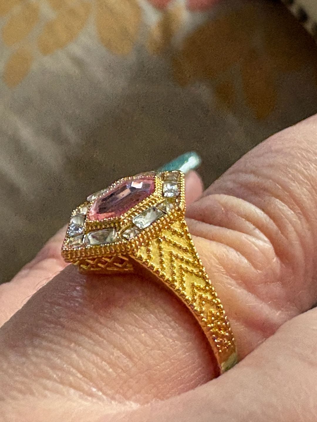 Shimmer By Cindy Art Deco Ring Pink Stone Gold Size 9 3