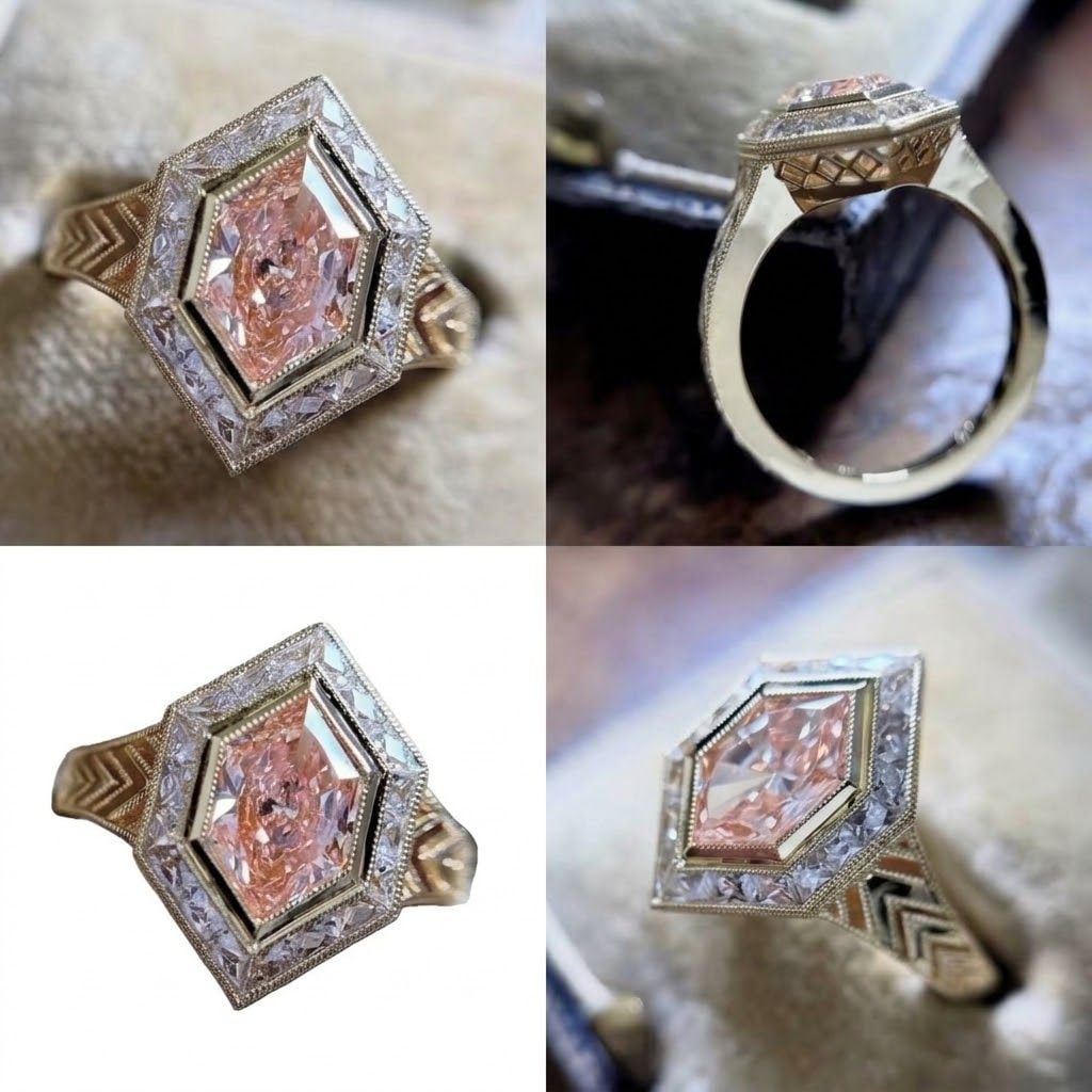Shimmer By Cindy Art Deco Ring Pink Stone Gold Size 9 5