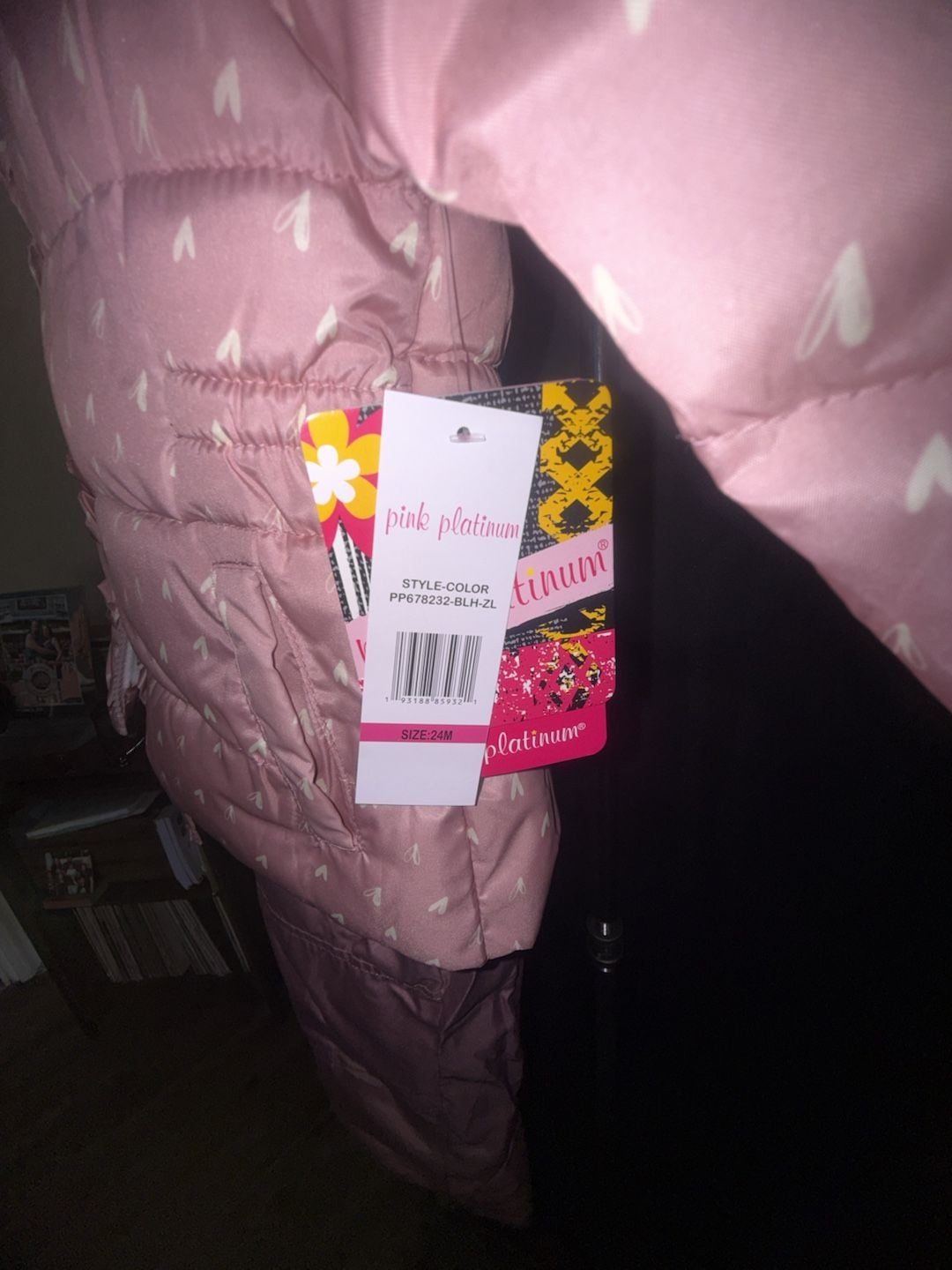 NWT Pink Platinum Snowsuit Set Size 24M Pink Heart Puffer Jacket Bib Overalls 5