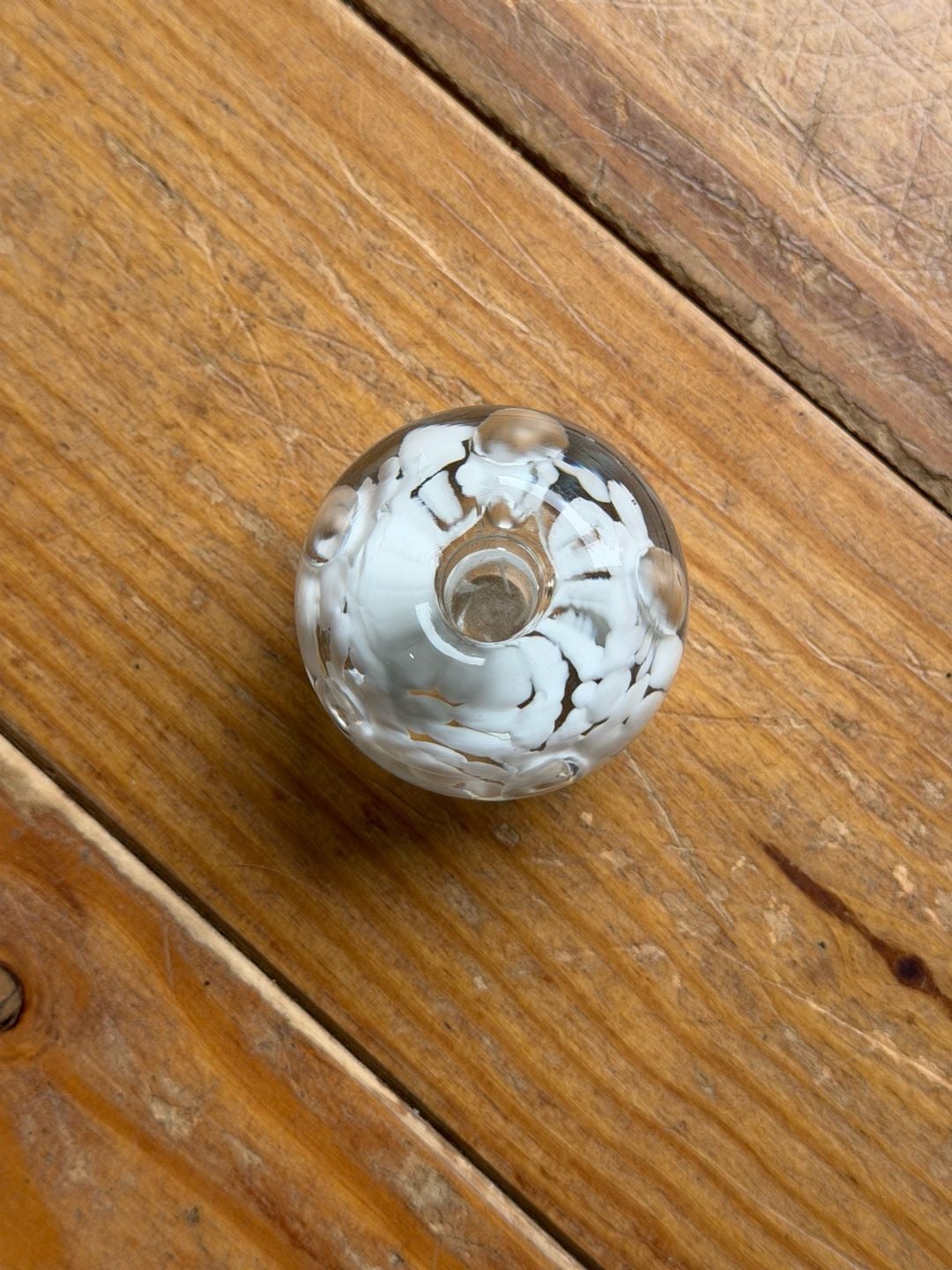 Vintage Art Glass Flower Bud Vase Clear White Hand Blown Ball Paperweight 1