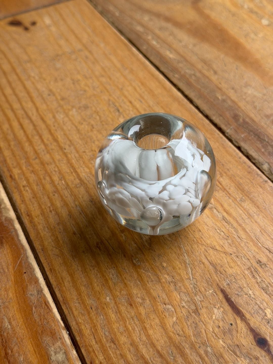 Vintage Art Glass Flower Bud Vase Clear White Hand Blown Ball Paperweight 2