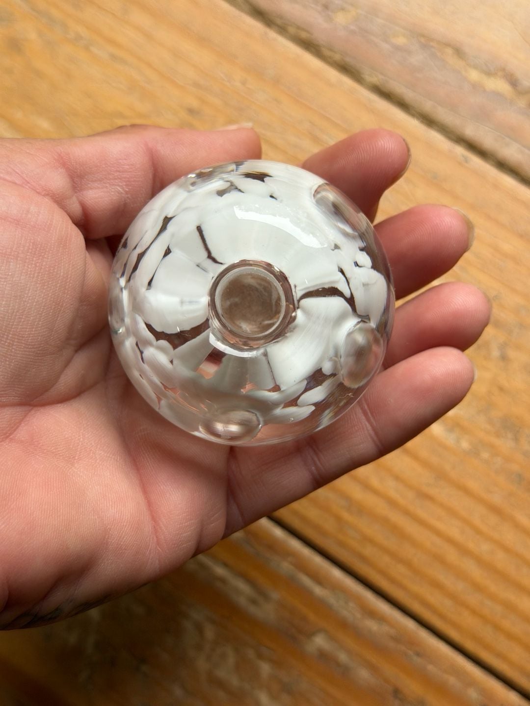 Vintage Art Glass Flower Bud Vase Clear White Hand Blown Ball Paperweight 3