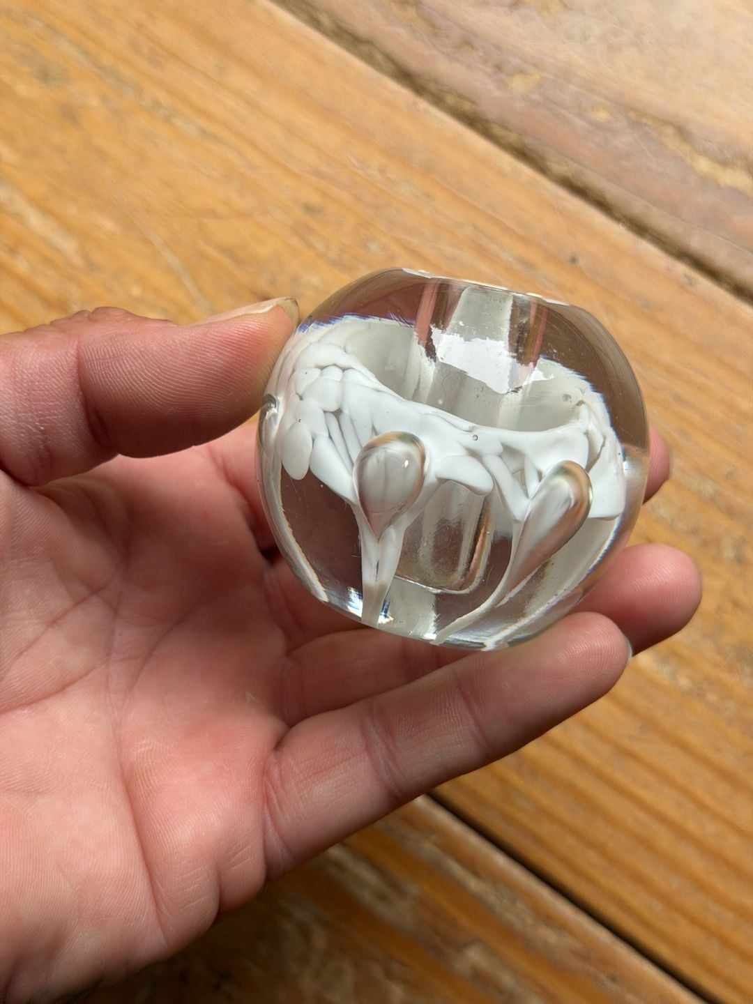 Vintage Art Glass Flower Bud Vase Clear White Hand Blown Ball Paperweight 4