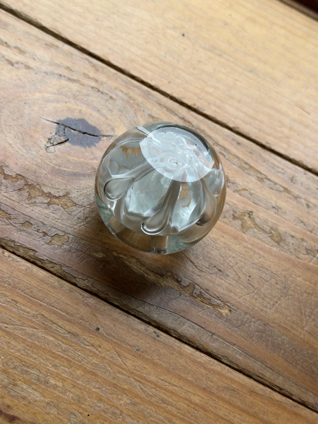 Vintage Art Glass Flower Bud Vase Clear White Hand Blown Ball Paperweight 5