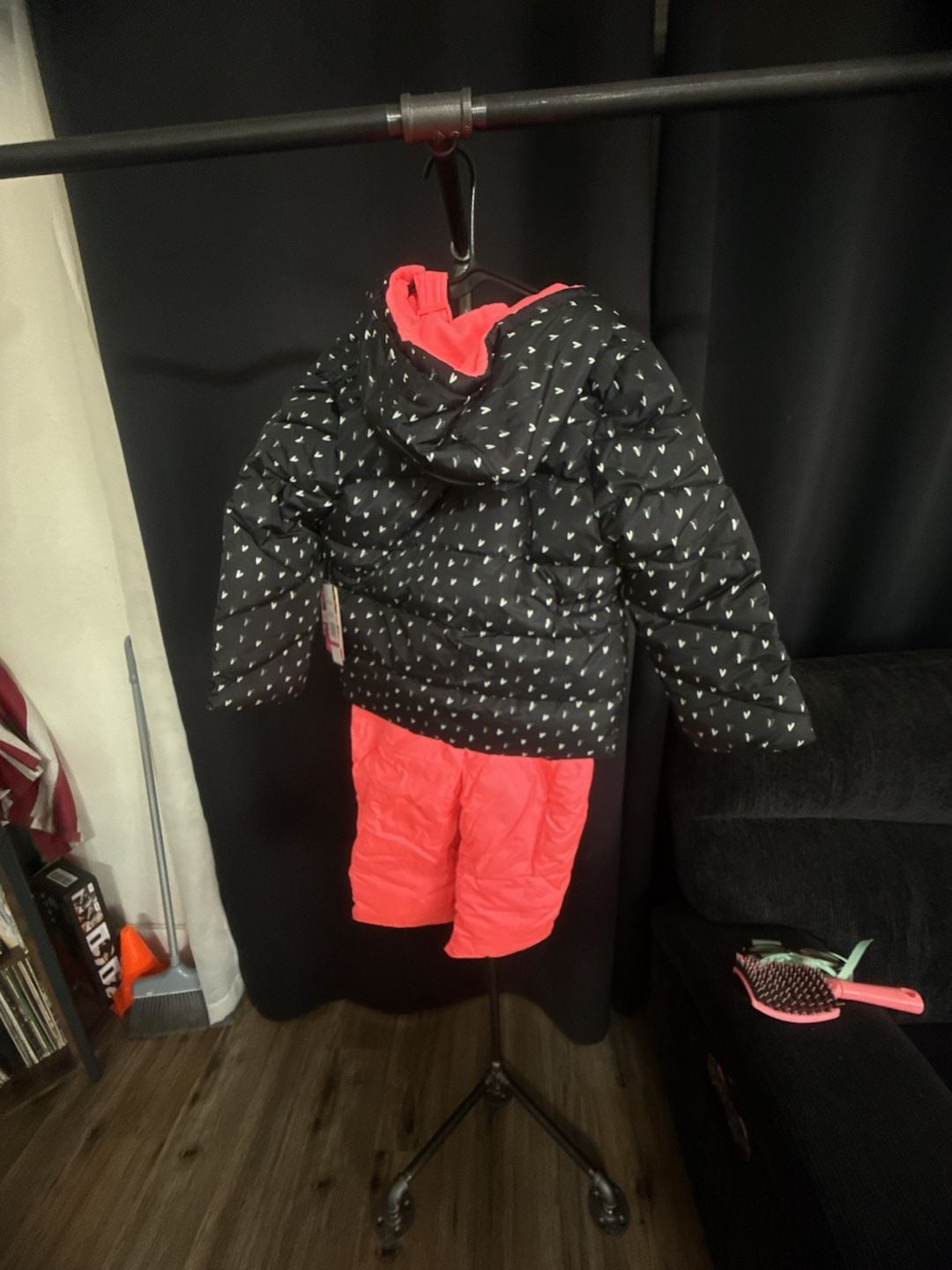 NWT Pink Platinum Snowsuit Set Size 5/6 Black Heart Puffer Jacket Bib 4