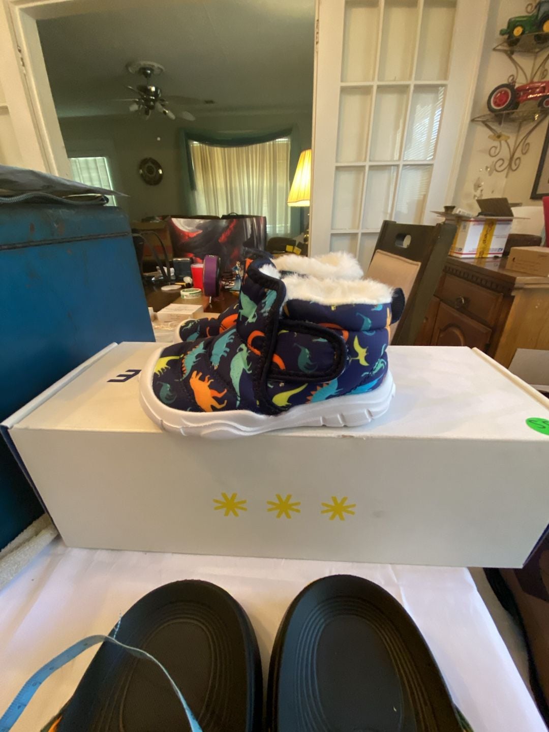Barerun Toddler Boots Dinosaur Navy Blue Fuzzy Winter Shoes 3
