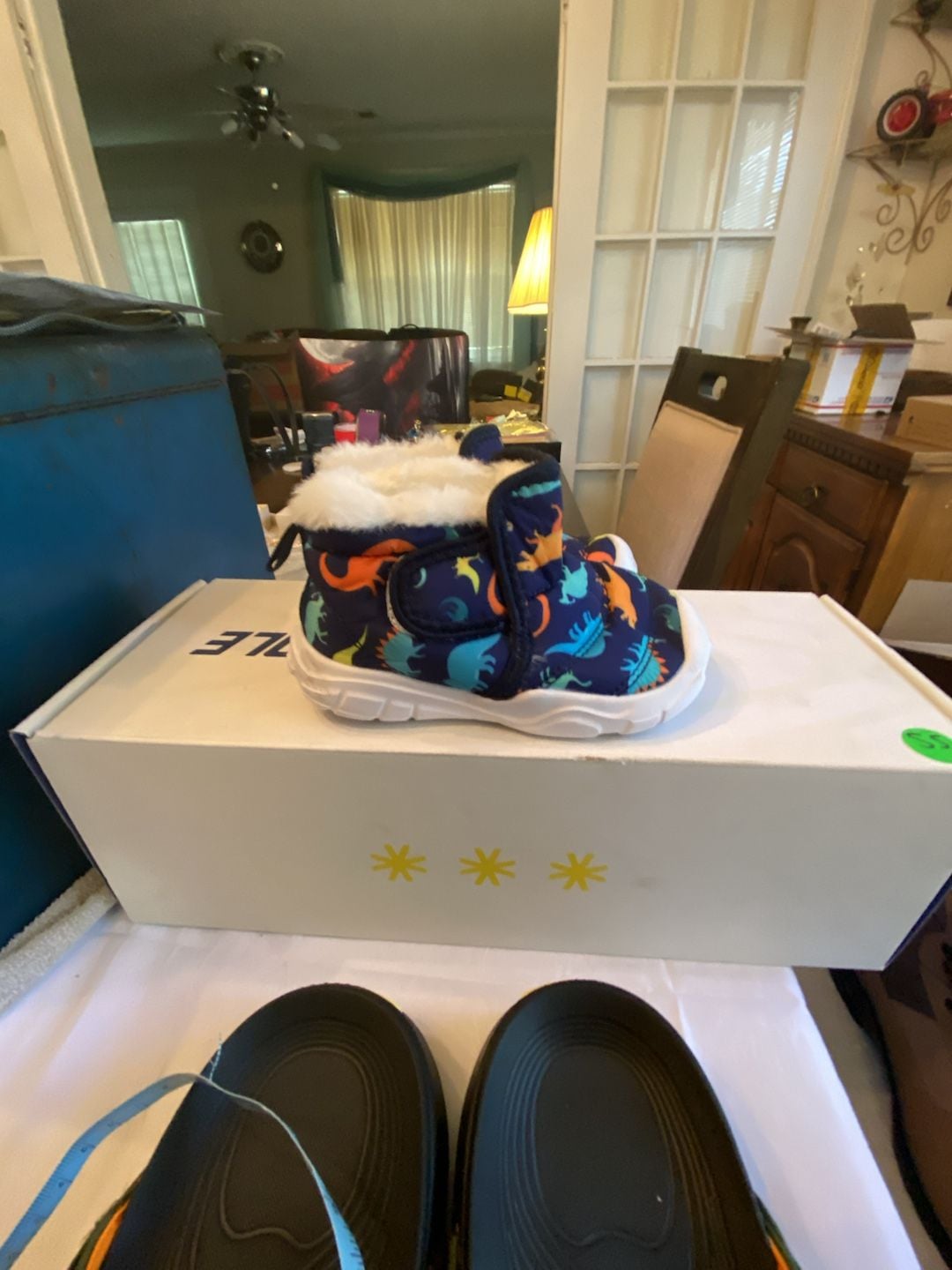 Barerun Toddler Boots Dinosaur Navy Blue Fuzzy Winter Shoes 4