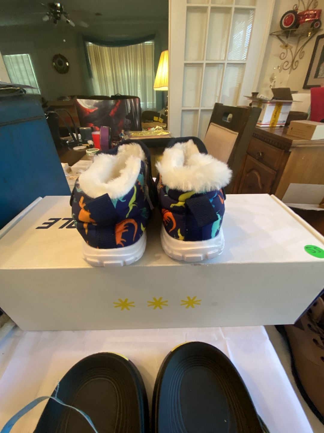 Barerun Toddler Boots Dinosaur Navy Blue Fuzzy Winter Shoes 5