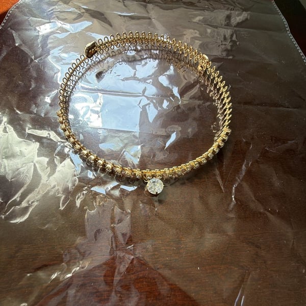 Vintage Gold Tone Choker Necklace with Center Rhinestone Pendant